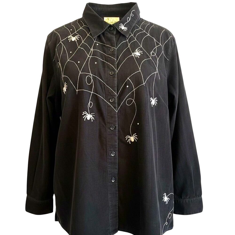 VTG Quacker Factory Halloween Corduroy Spider Web Shirt Embroider Bling Plus 1X